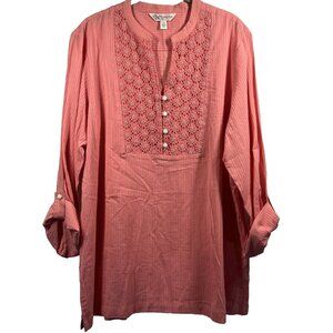 Krazy Kat Women's Blouse Top XL Coral 100% Cotton Roll Tab Button Embroidered